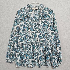 Loft Paisley Top Size S Blue Long Sleeve Loose Fit Ruffle Shirt Womens